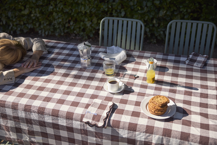 Checkered tablecloth outside